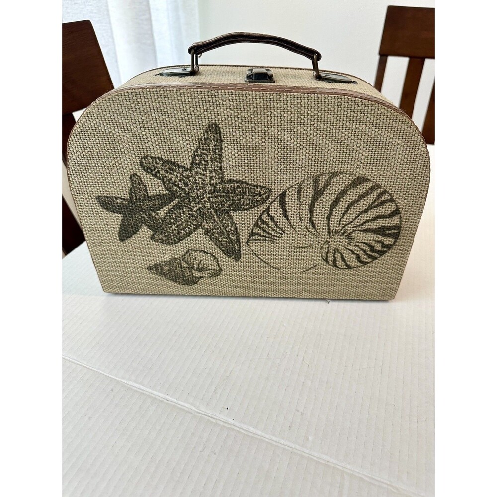 Storage Box Nautical Seashell Decor Mini-Suitcase Style Handle Staging Burlap